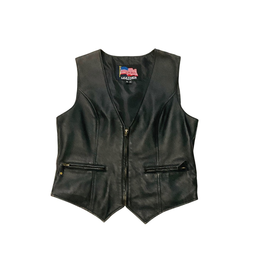 U.S.A.men's genuine leather biker motorcycle vest black pockets Stretch MOTO XL